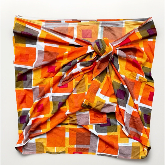 VTG Baja Blue Sarong Skirt (OS) & Swim Bottom (14) 60s 70s Retro Orange Geo Fun - Picture 1 of 16